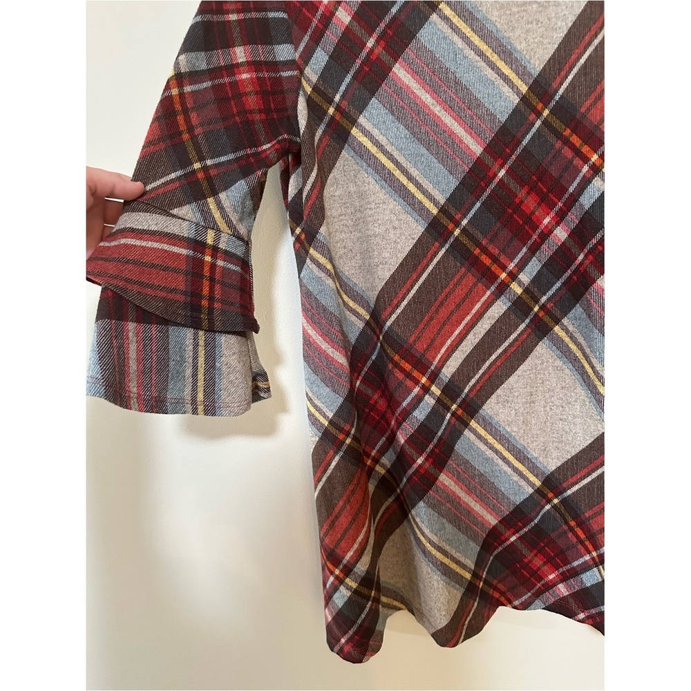 Dark Academia Preppy R&K Ruffle Dress 6P Red Plaid Long Sleeve Tunic - Picture 2 of 6